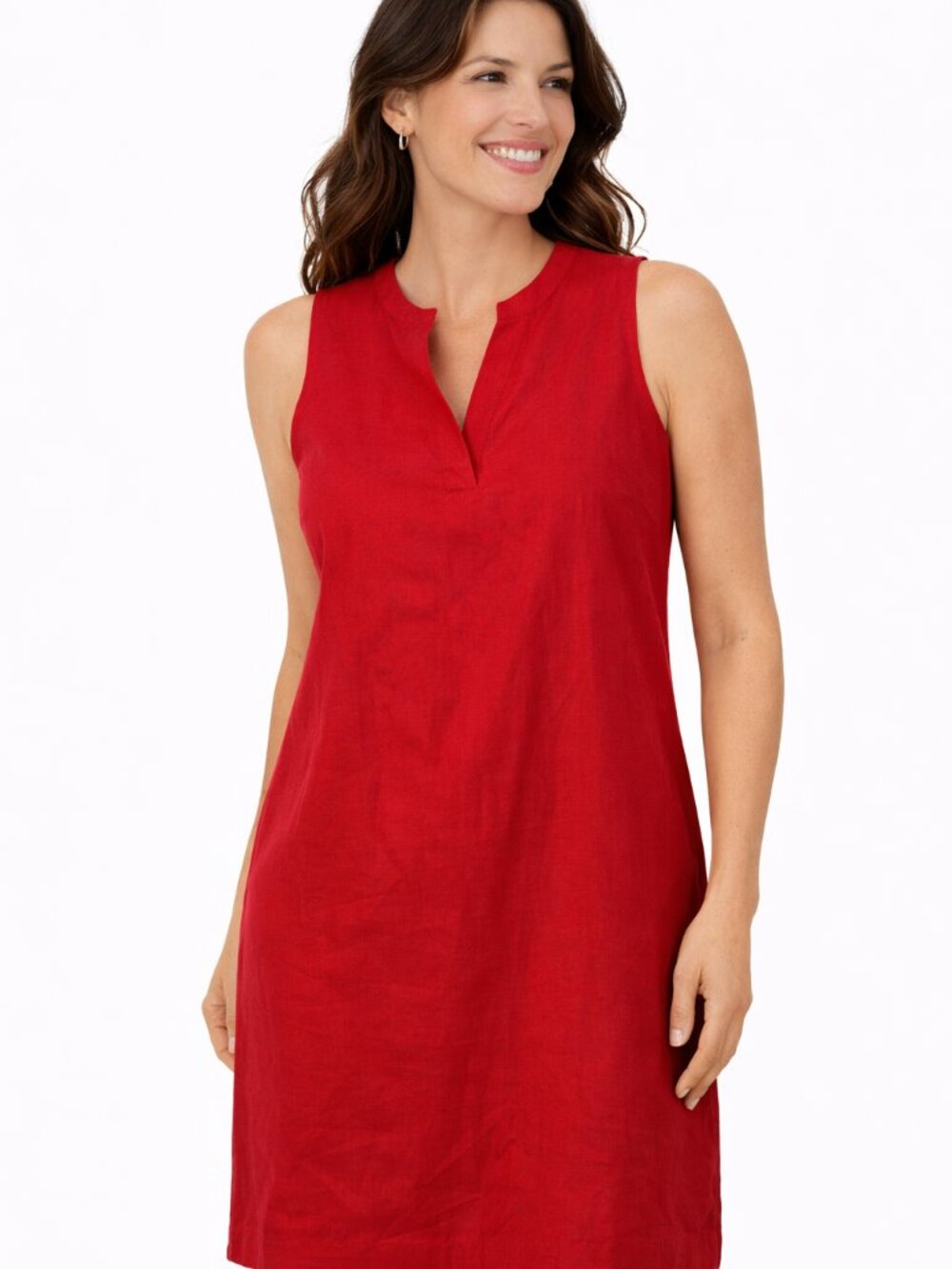 DKR Bright Red Linen Blend Dress Sleeveless V Neck Large Shift Summer